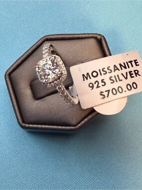 Sterling Silver Moissanite Halo Engagement Ring - White